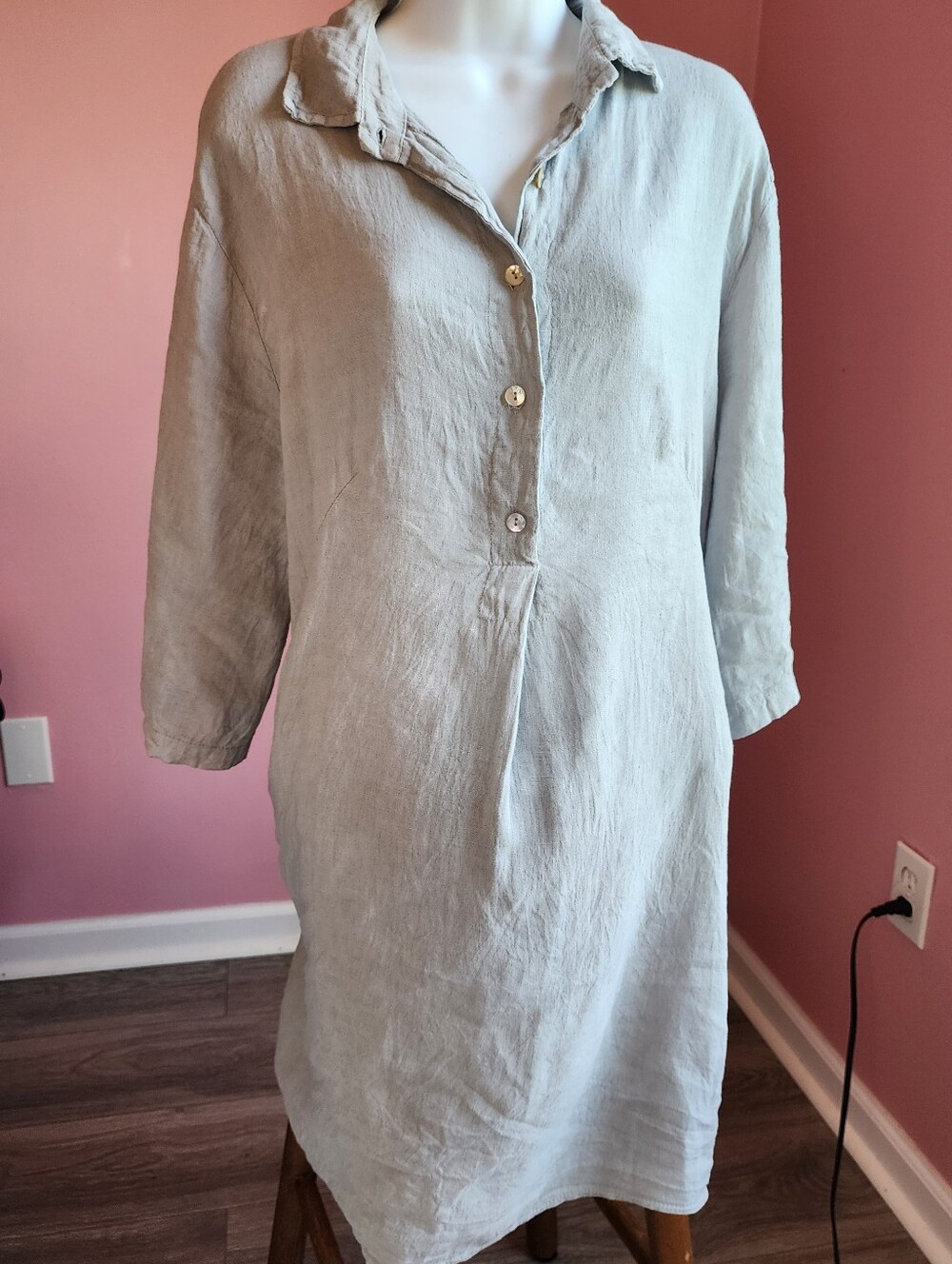 Light Gray Linen Button-Front Tunic Dress Women's Medium Lagenlook Coastal